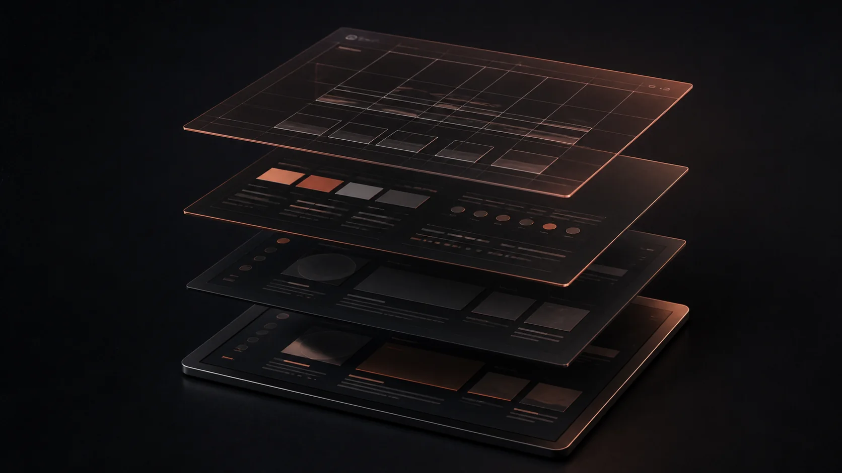 Four aligned website layers showing grid, design system and finished interface